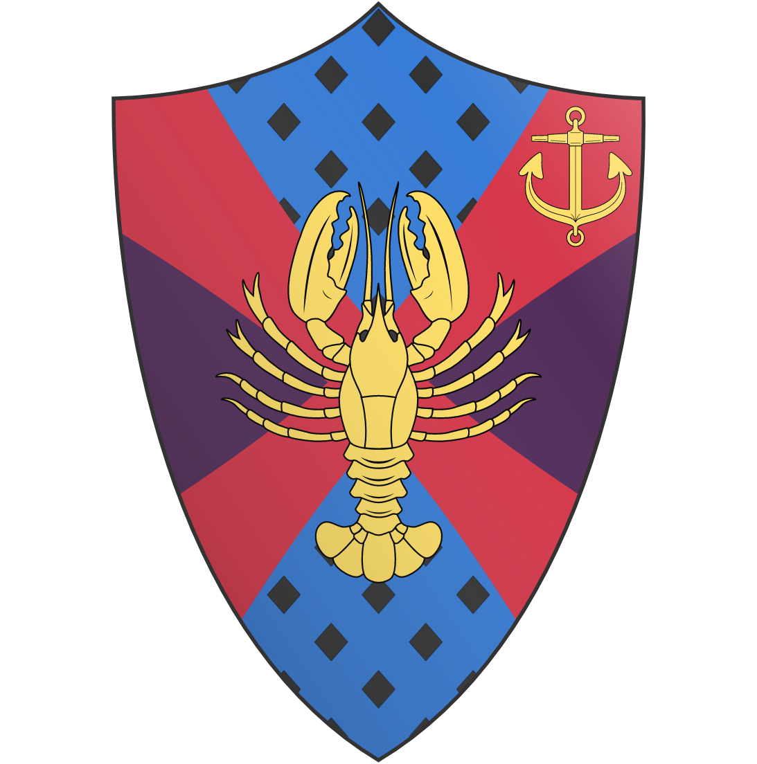 a fictional coat of arms, a golden lobster sits in the middle, there is a golden boat anchor in the top left hand corner. The background is blue with black diamonds on the top and the bottom, the sides are purple and a red cross crosses the blason diagonally